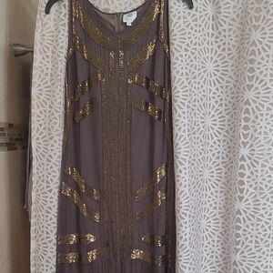 VINTAGE DEADSTOCK Patra Gold and Brown SILK OverlaySequin Mini Flapper Dress.